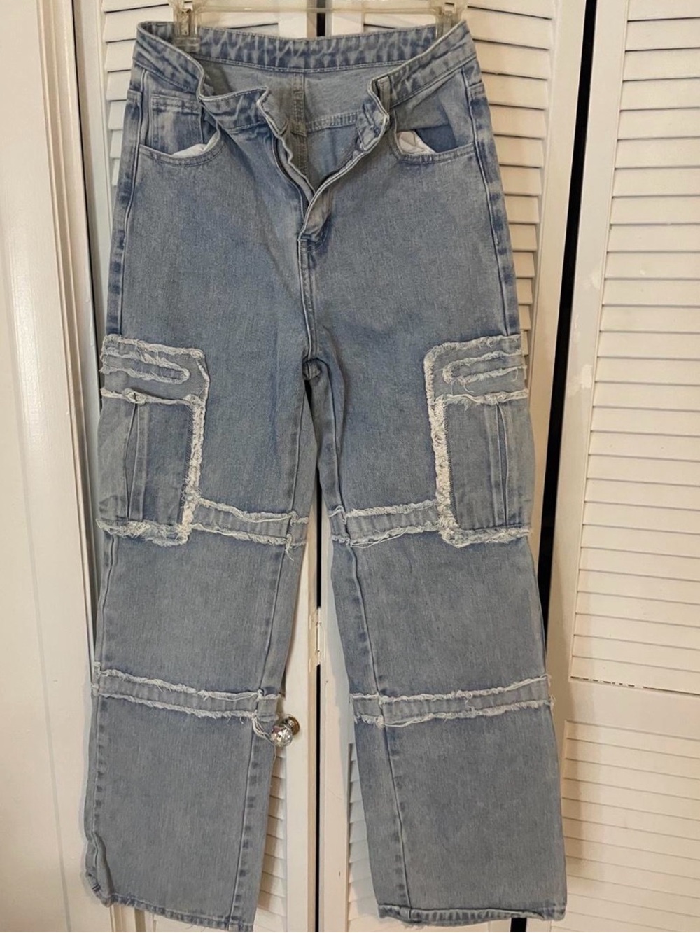 SHEIN Light Blue Straight Leg Patchwork Cargo Jeans
